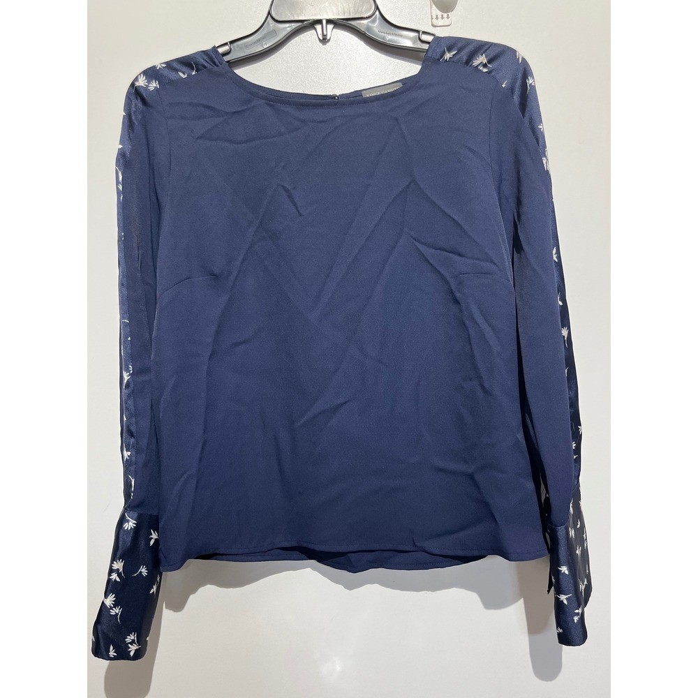 Vince Camuto Navy Blue Floral Satin Accent Long Sleeve Blouse Crew Neck Size S